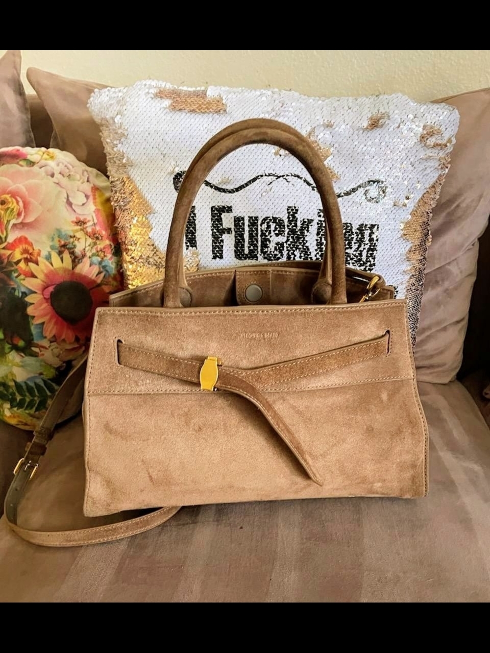 Veronica Beard Tan Suede Top-Handle Tote with Gold Accent